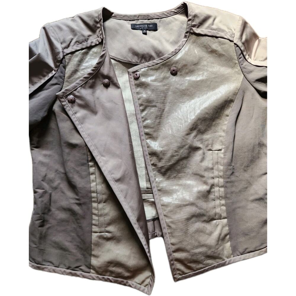 Lafayette 148 Gray Lightweight Linen Blend Pu Leather Snake Moto Jacket Size 10 - Picture 5 of 7